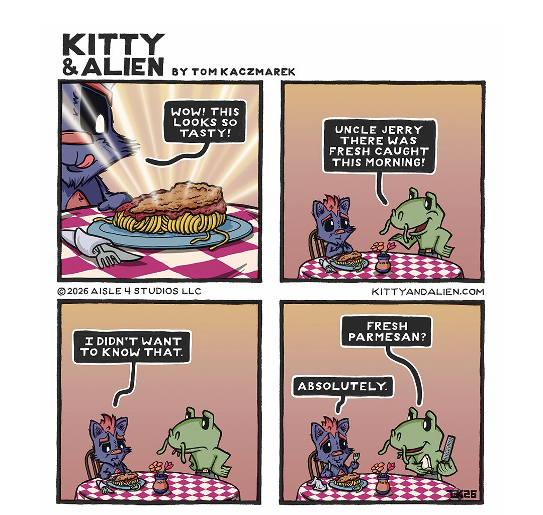 Kitty & Alien - Episode 22, Page 1: Catfish and Spaghetti